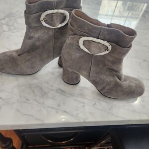 Michael Kors Grey Suede Ankle Boots with Decorative Side Buckle